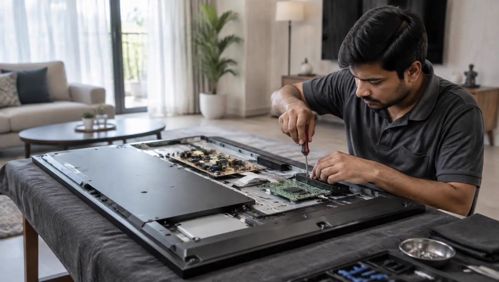 Multi brand TV service center technician repairing an OLED TV at a customer's home