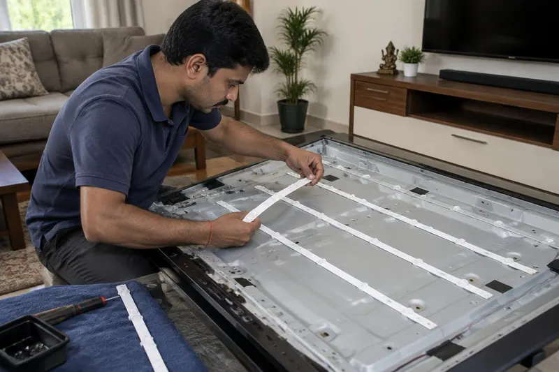 Technician replacing LED backlight strips in a TV at a home in Visakhapatnam