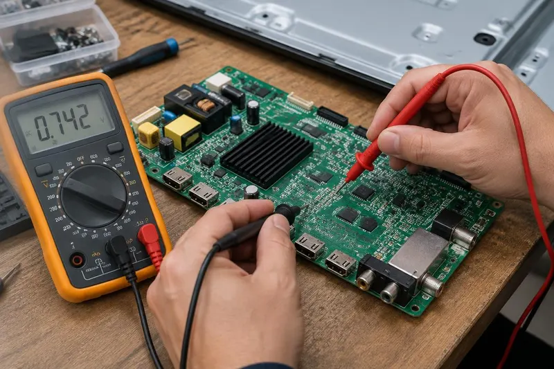 Technician testing an LED TV mainboard during repair