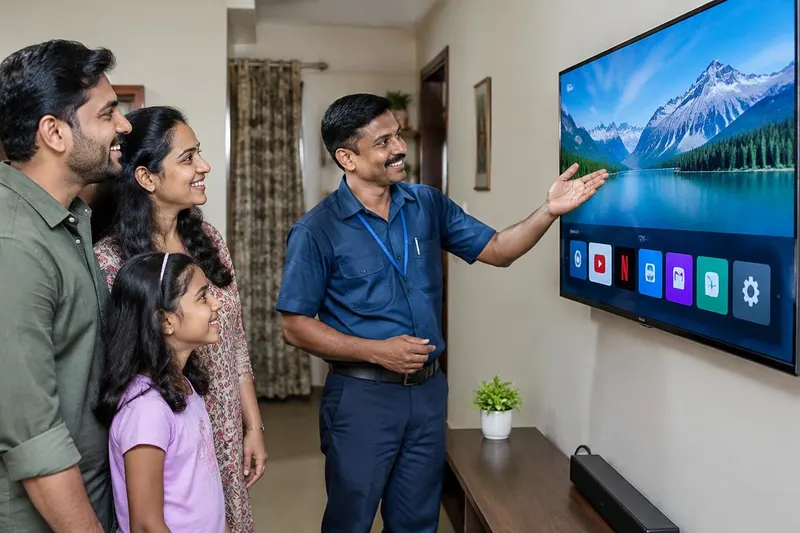 Our TV technician showing a family their repaired smart TV